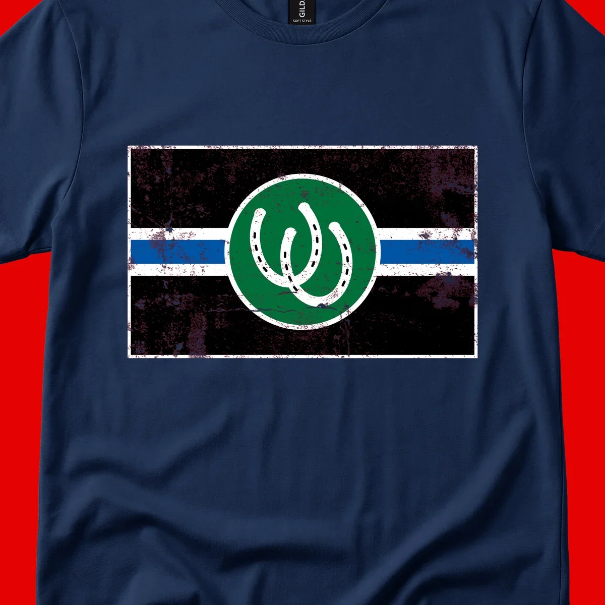 Lucky horseshoe stripes badge design with two white horseshoes on green circle and horizontal black, white, blue striped background with distressed texture