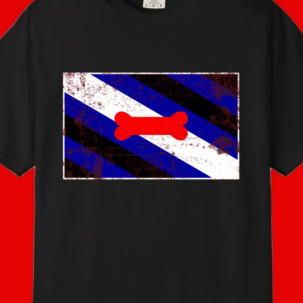 Red bone shape on distressed blue, white, and black diagonal striped background with pride flag colors