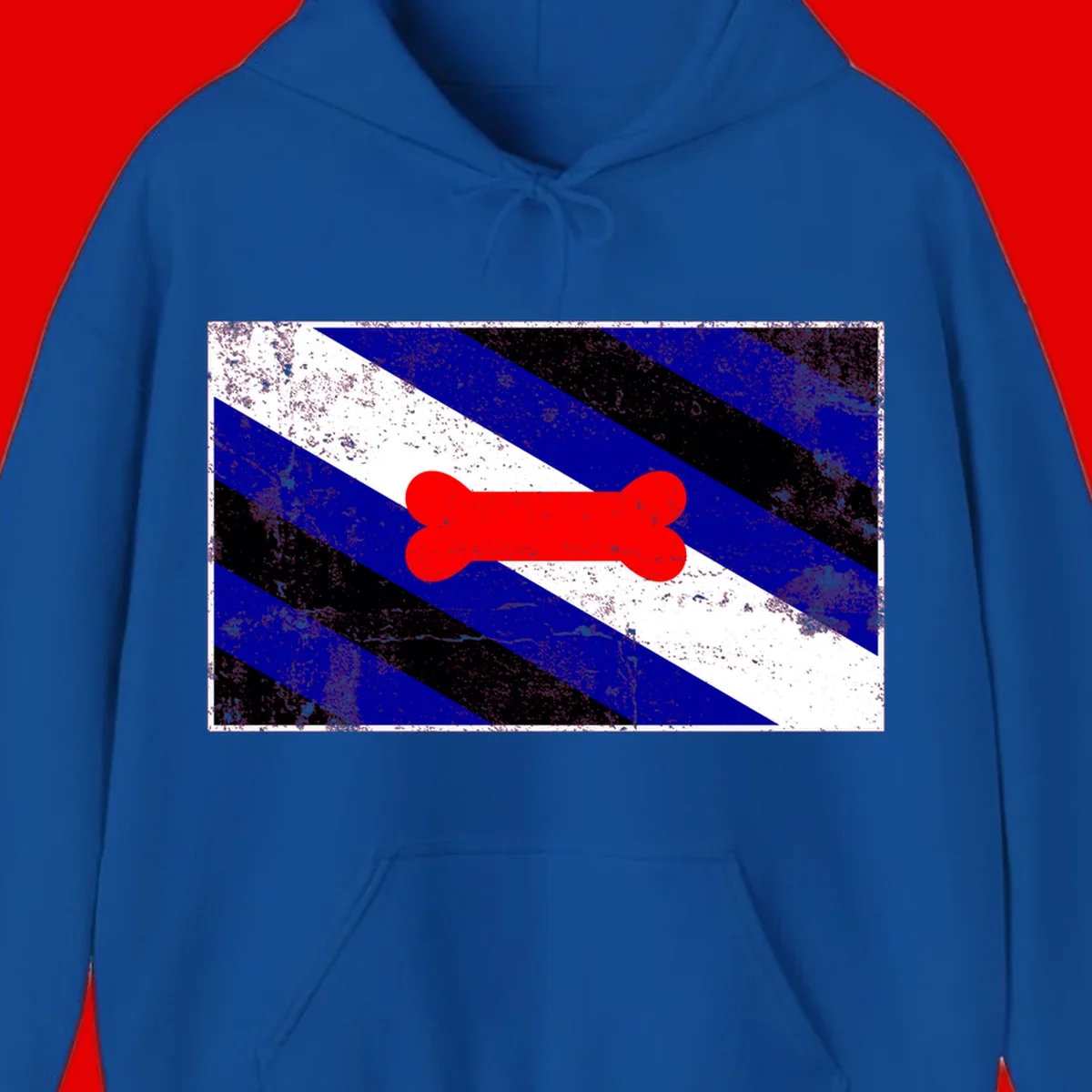 Red bone shape on distressed blue, white, and black diagonal striped background with pride flag colors