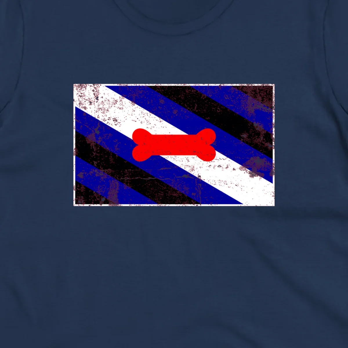 Red bone shape on distressed blue, white, and black diagonal striped background with pride flag colors