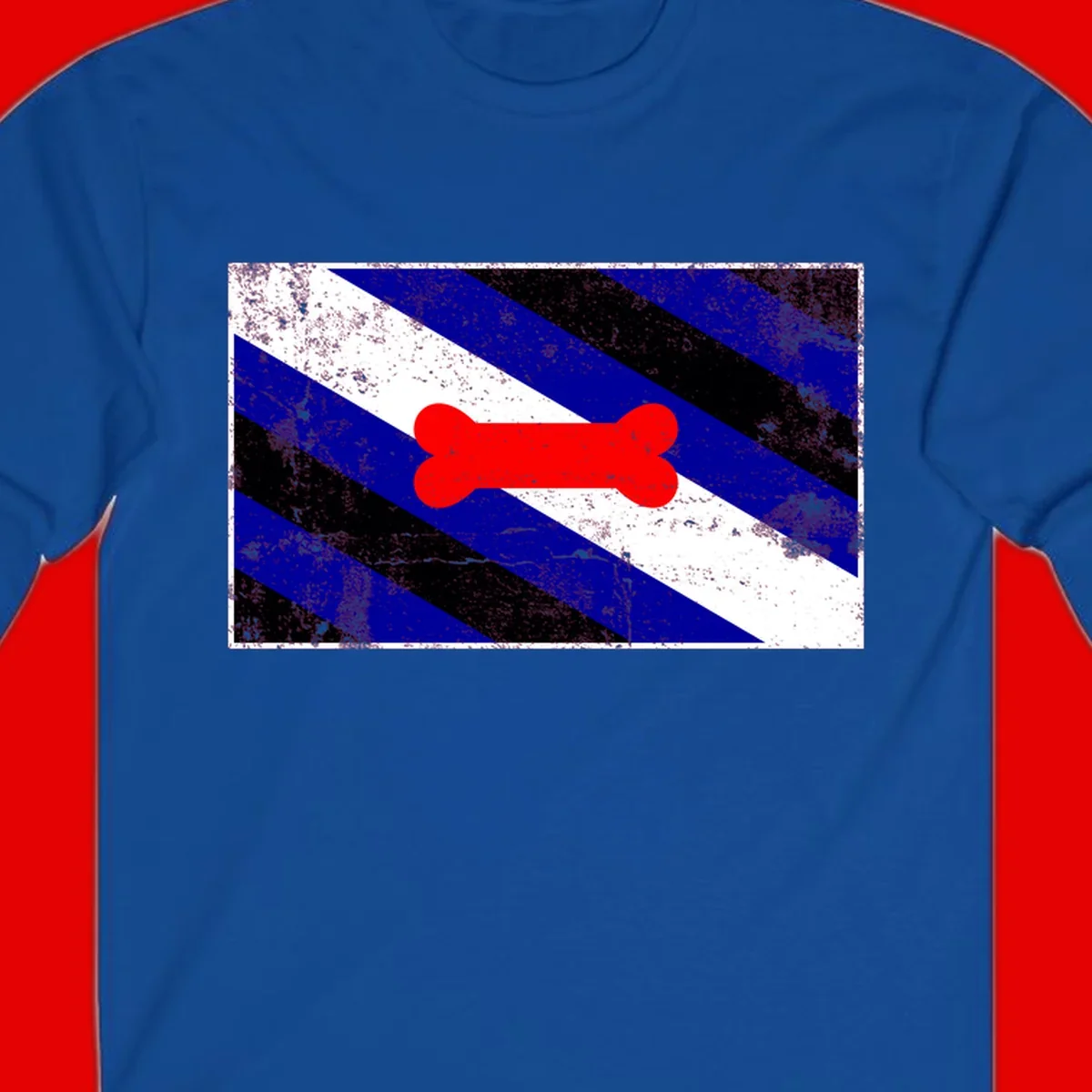 Red bone shape on distressed blue, white, and black diagonal striped background with pride flag colors