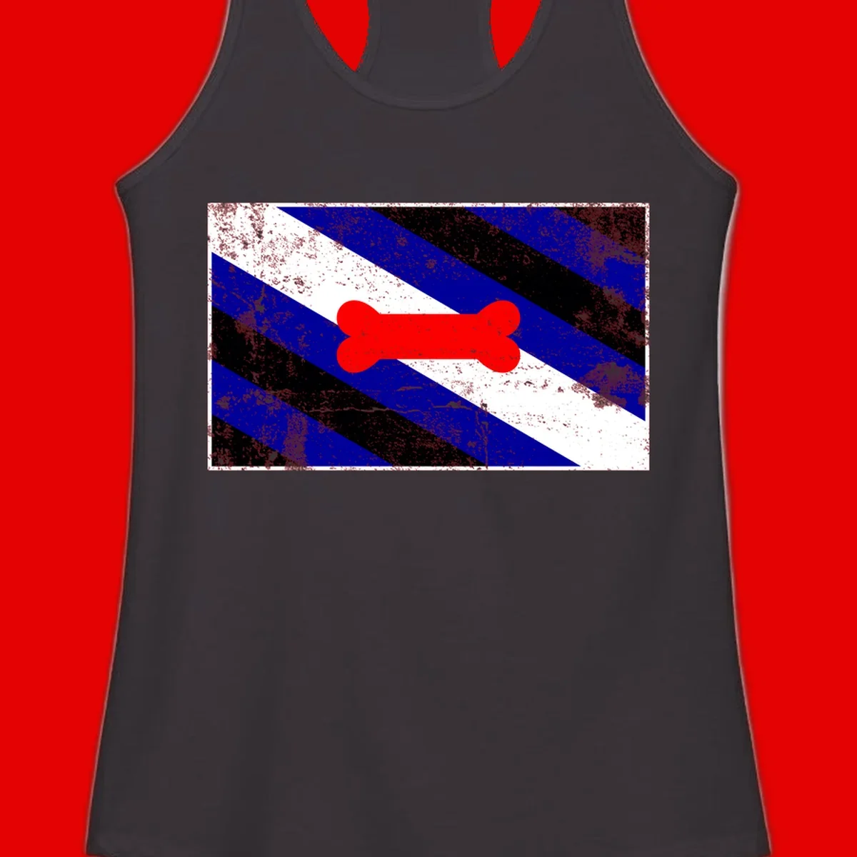Red bone shape on distressed blue, white, and black diagonal striped background with pride flag colors