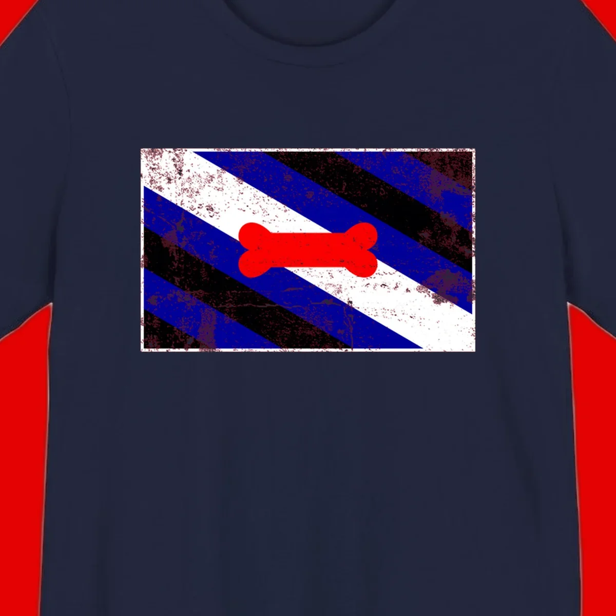 Red bone shape on distressed blue, white, and black diagonal striped background with pride flag colors