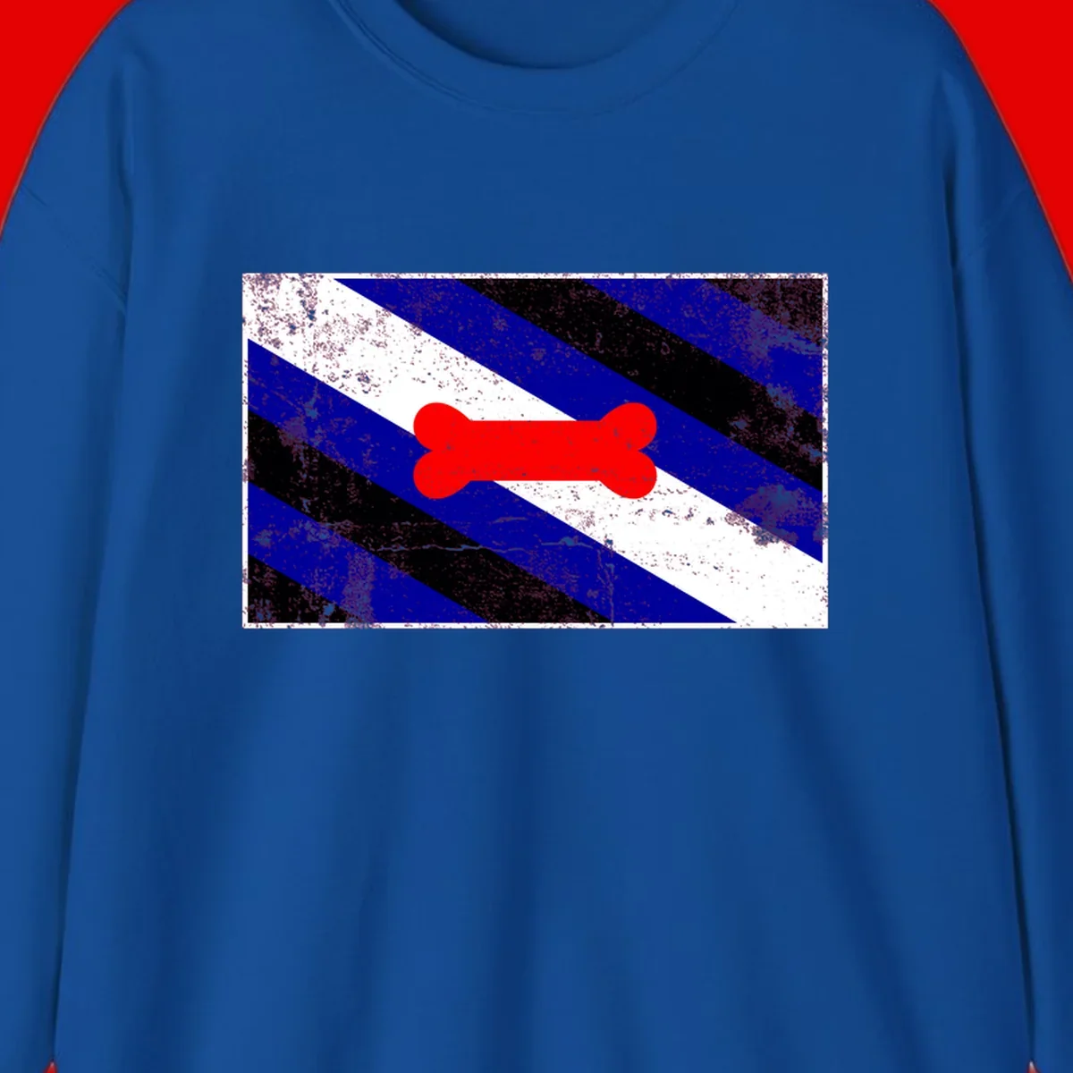 Red bone shape on distressed blue, white, and black diagonal striped background with pride flag colors