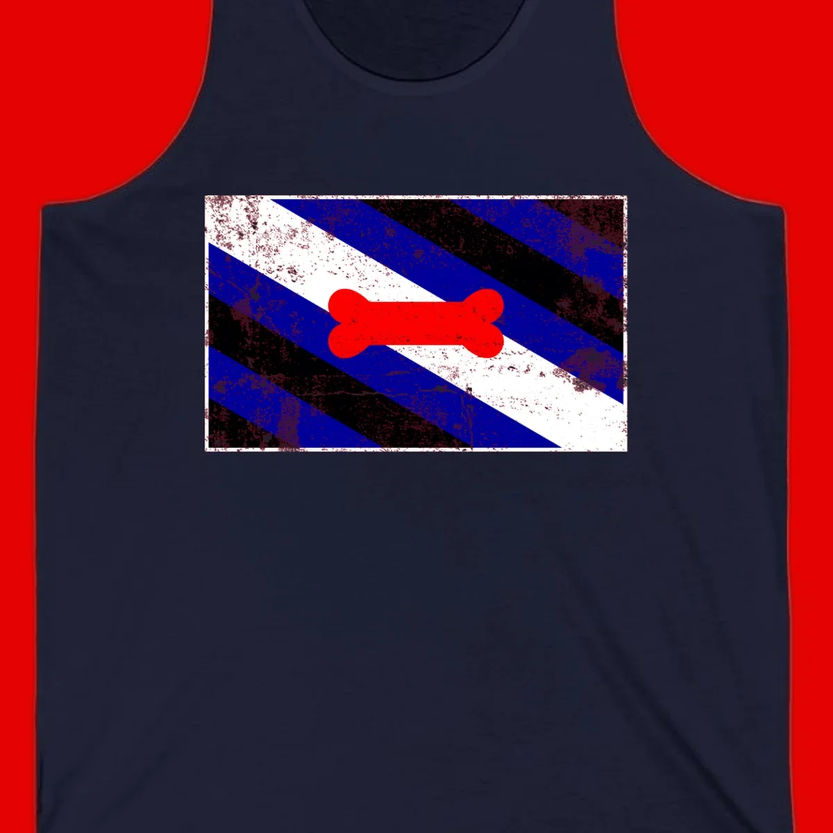 Red bone shape on distressed blue, white, and black diagonal striped background with pride flag colors