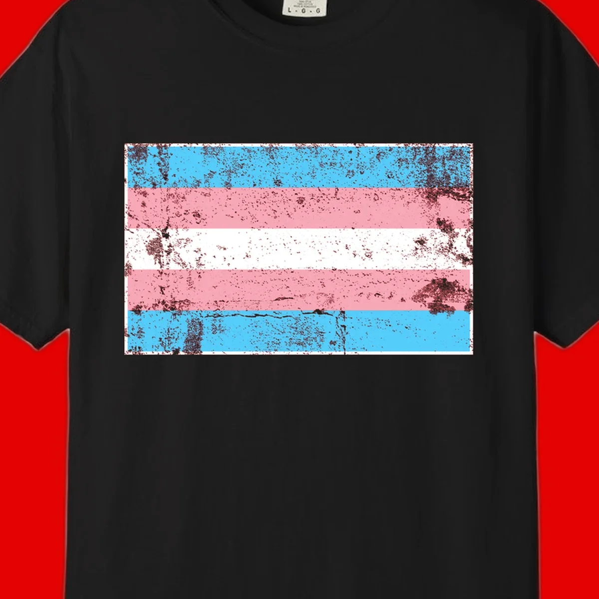 Distressed transgender pride flag with cyan, pink, and white horizontal stripes and weathered grunge texture