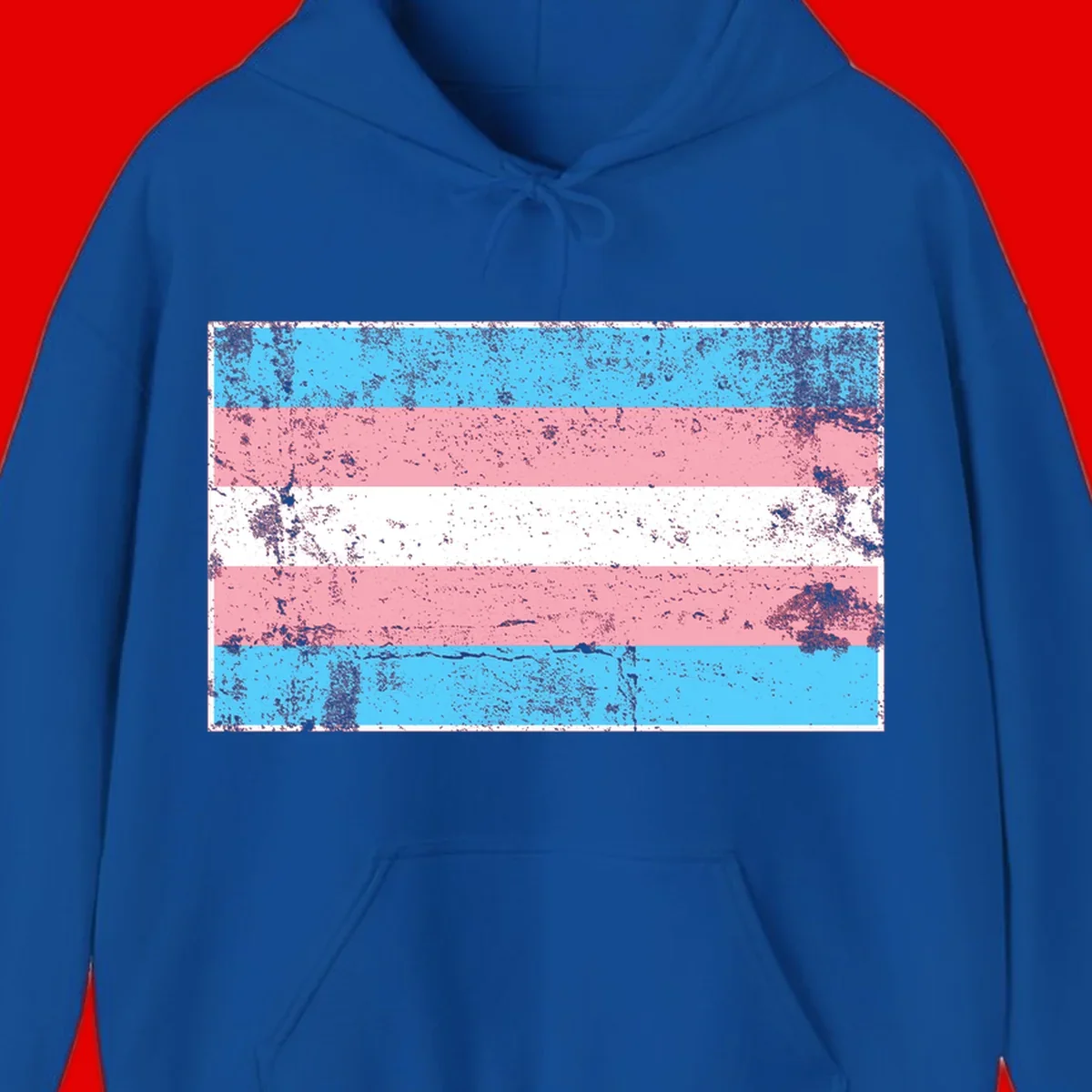 Distressed transgender pride flag with cyan, pink, and white horizontal stripes and weathered grunge texture