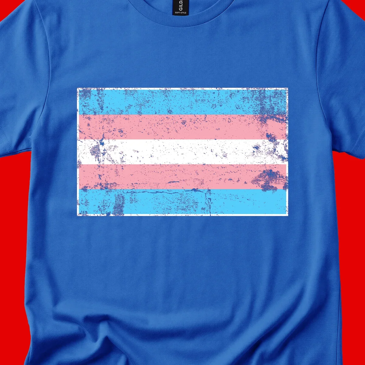 Distressed transgender pride flag with cyan, pink, and white horizontal stripes and weathered grunge texture