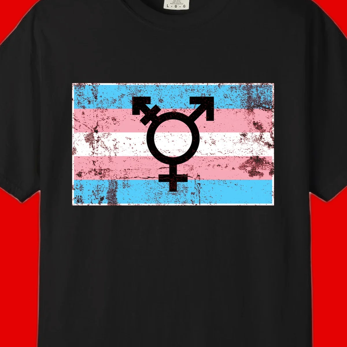 Transgender pride symbol with male and female combined icon on cyan, pink, and white striped distressed flag background