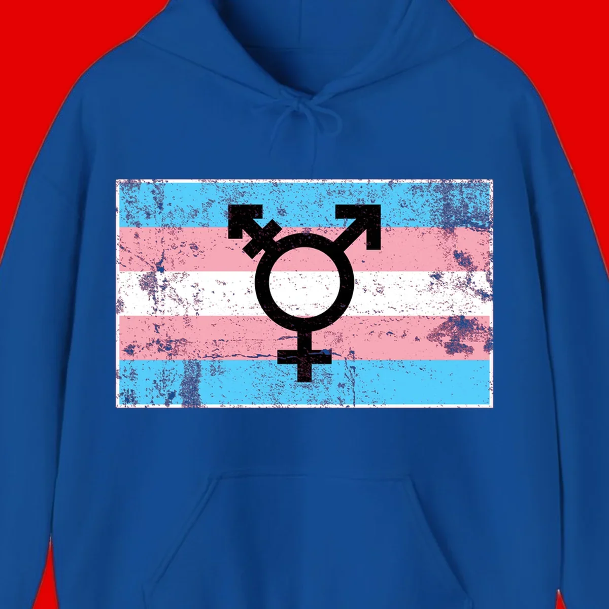 Transgender pride symbol with male and female combined icon on cyan, pink, and white striped distressed flag background