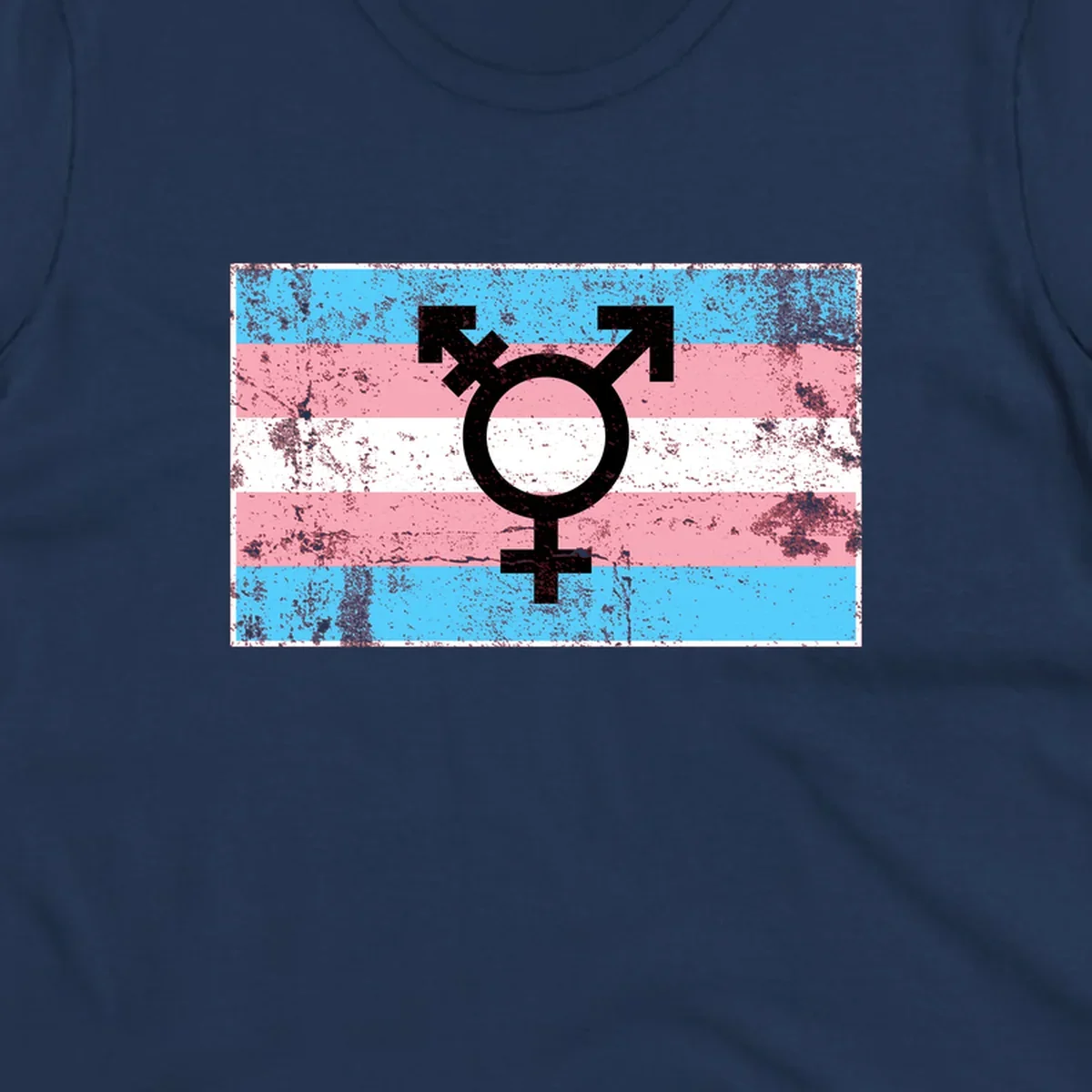 Transgender pride symbol with male and female combined icon on cyan, pink, and white striped distressed flag background