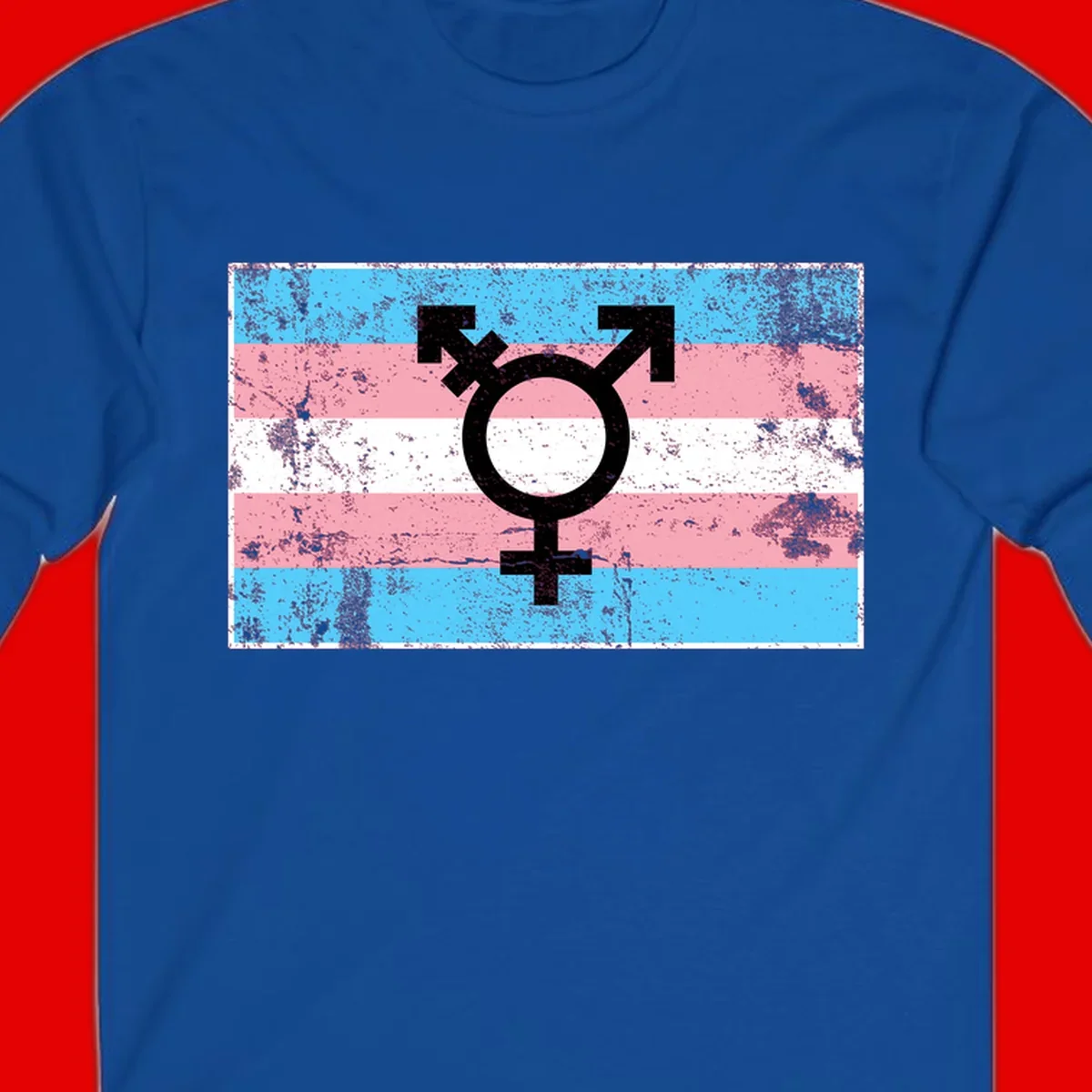 Transgender pride symbol with male and female combined icon on cyan, pink, and white striped distressed flag background