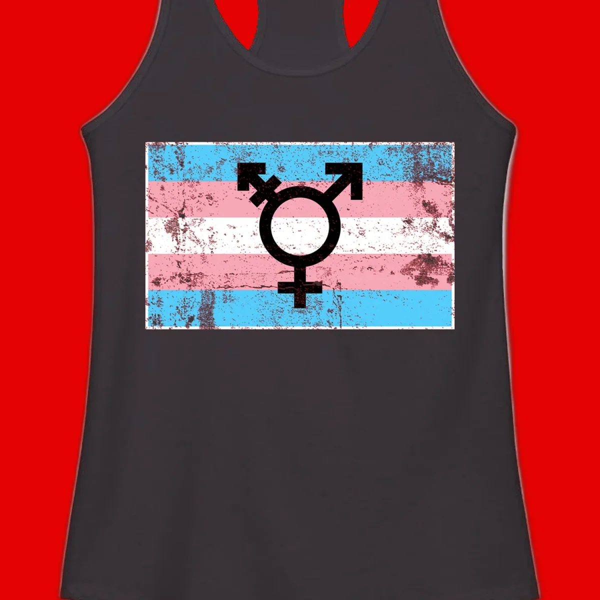 Transgender pride symbol with male and female combined icon on cyan, pink, and white striped distressed flag background