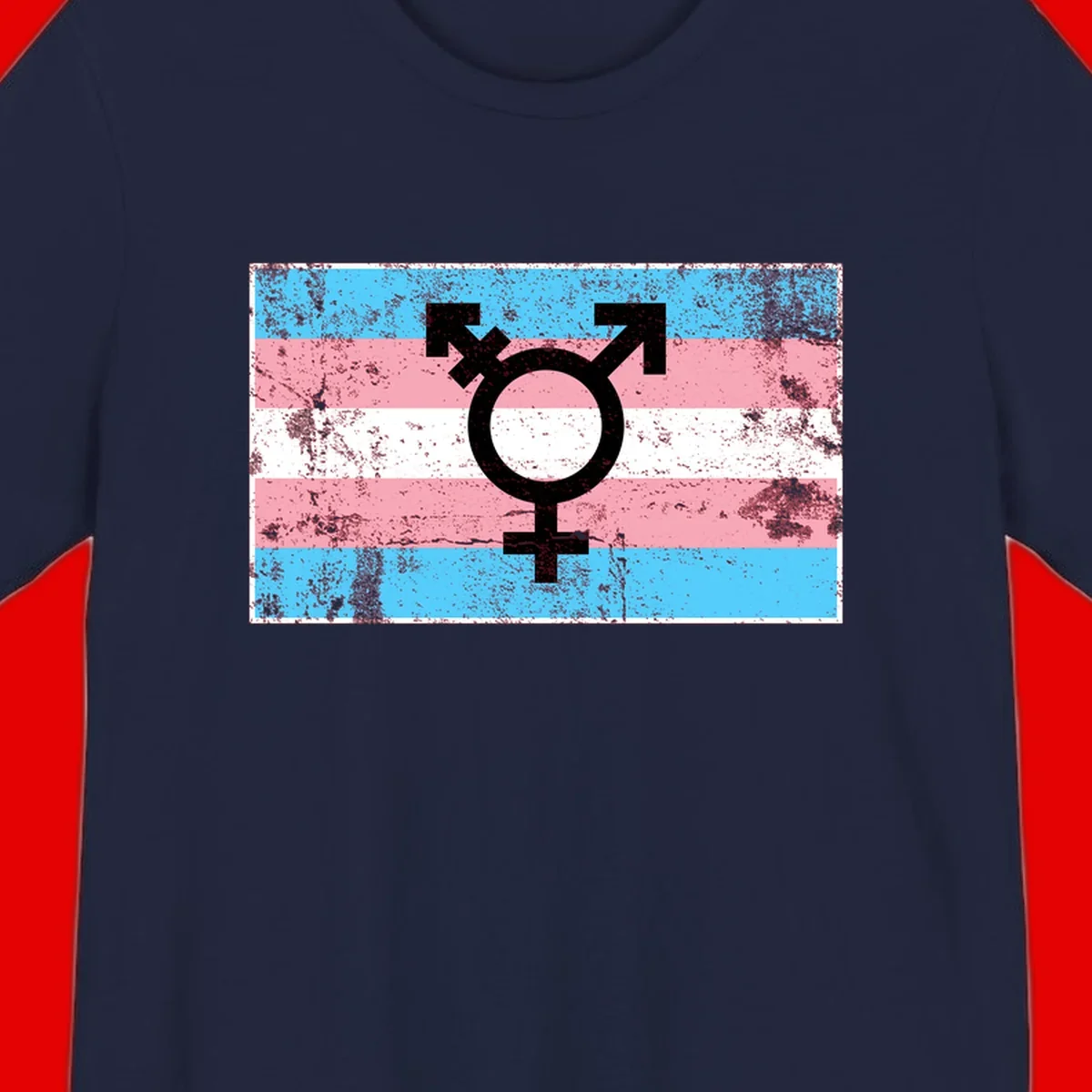 Transgender pride symbol with male and female combined icon on cyan, pink, and white striped distressed flag background