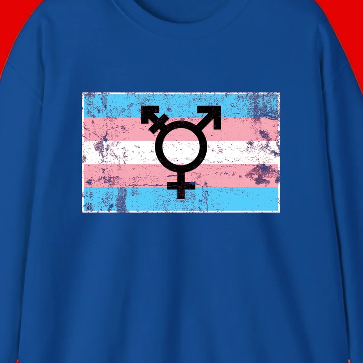 Transgender pride symbol with male and female combined icon on cyan, pink, and white striped distressed flag background