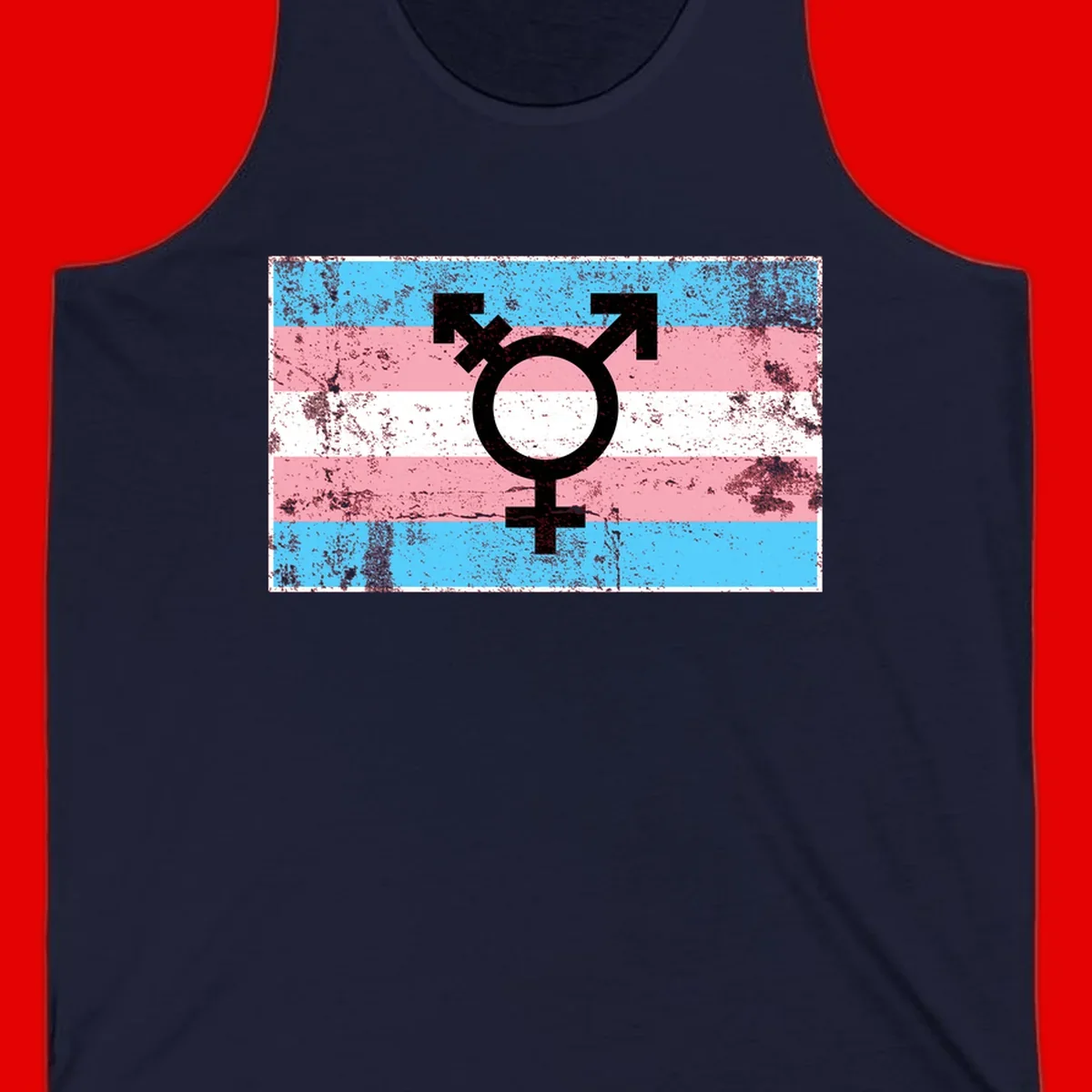 Transgender pride symbol with male and female combined icon on cyan, pink, and white striped distressed flag background