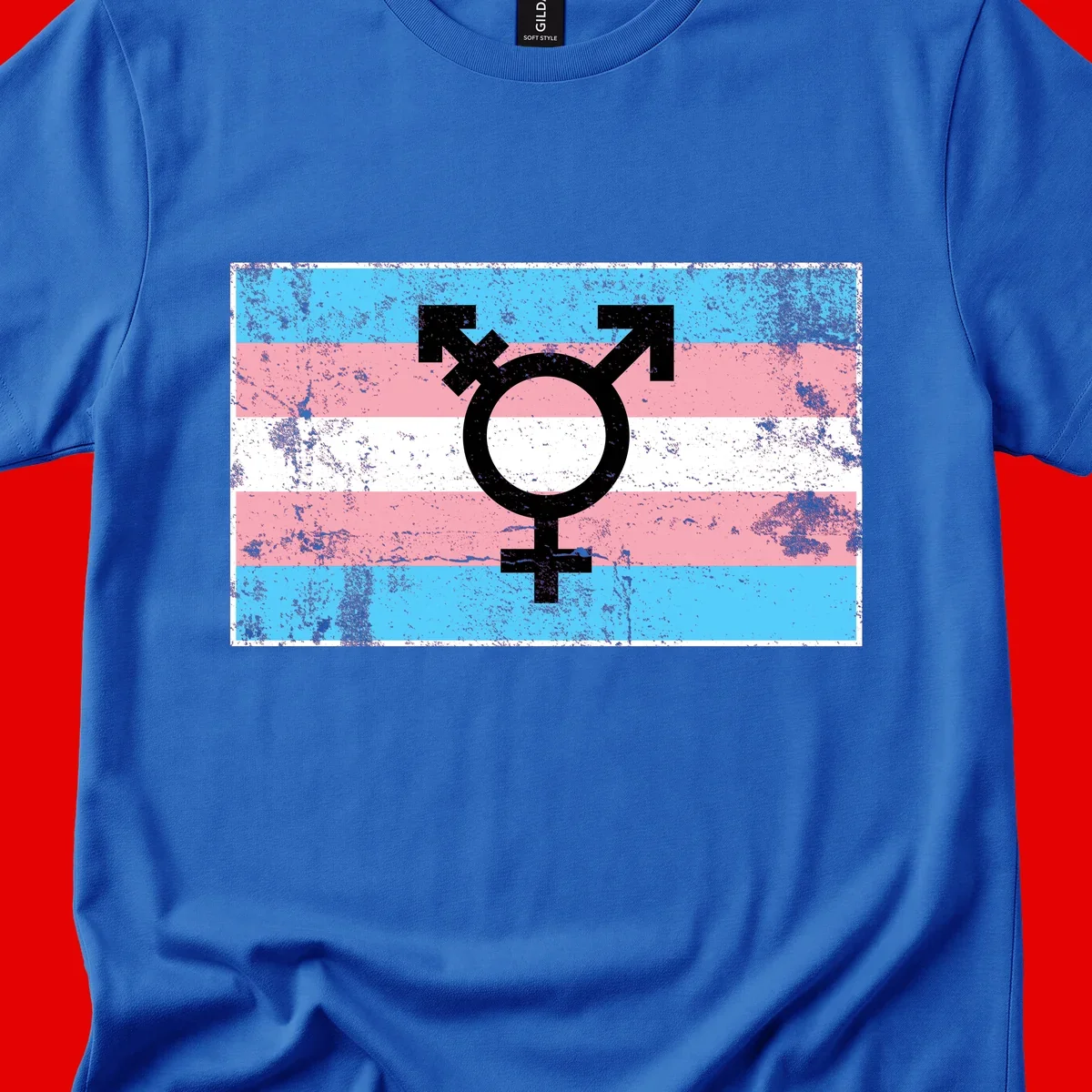 Transgender pride symbol with male and female combined icon on cyan, pink, and white striped distressed flag background
