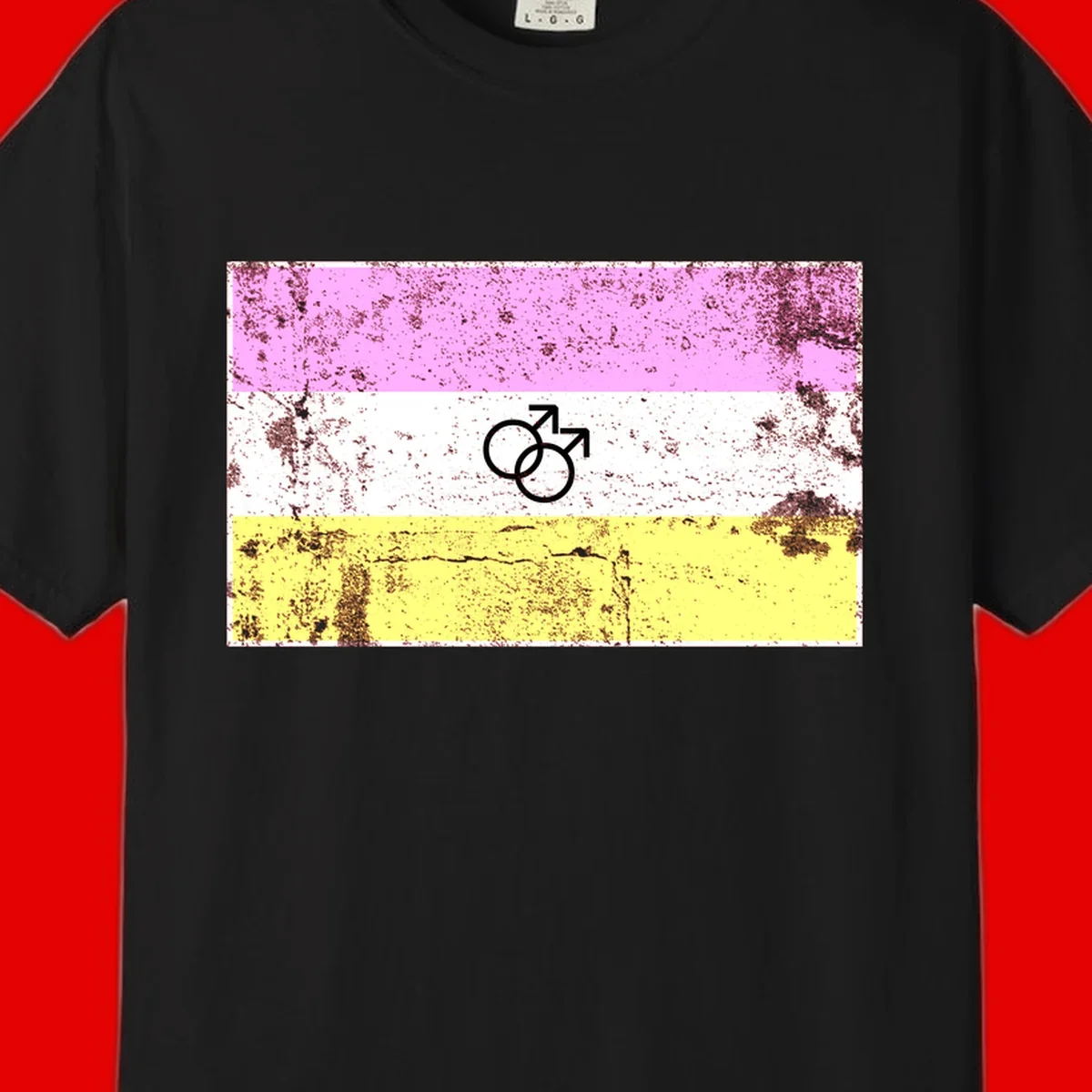 Male pride flag design with interlocking mars symbols on pink, white, and yellow horizontal stripes with distressed texture