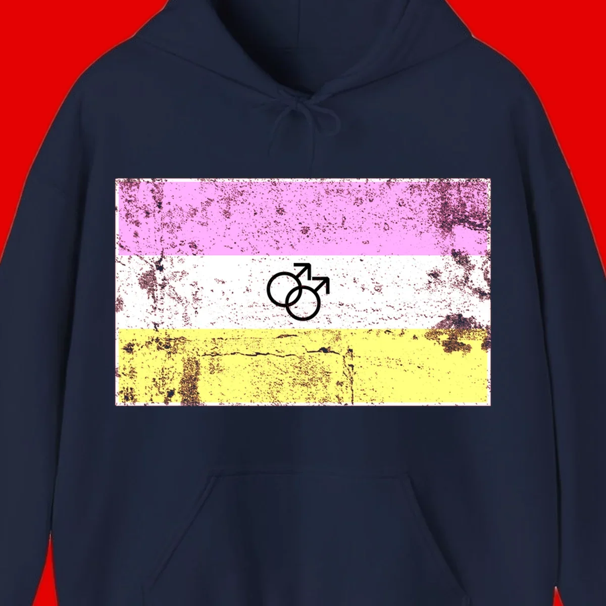 Male pride flag design with interlocking mars symbols on pink, white, and yellow horizontal stripes with distressed texture