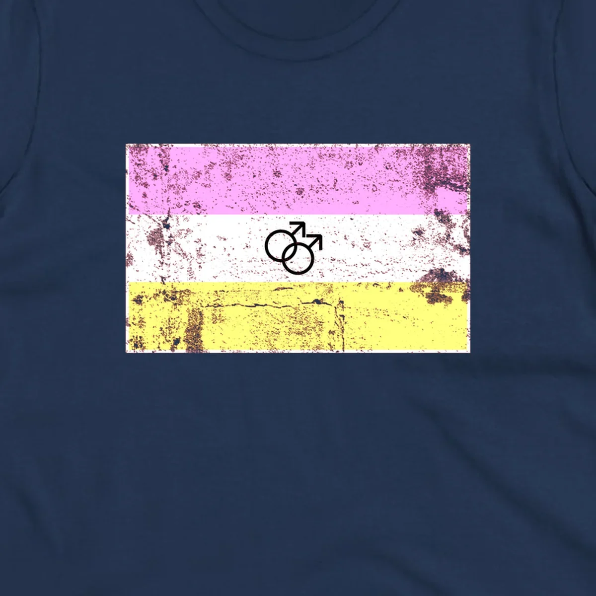 Male pride flag design with interlocking mars symbols on pink, white, and yellow horizontal stripes with distressed texture