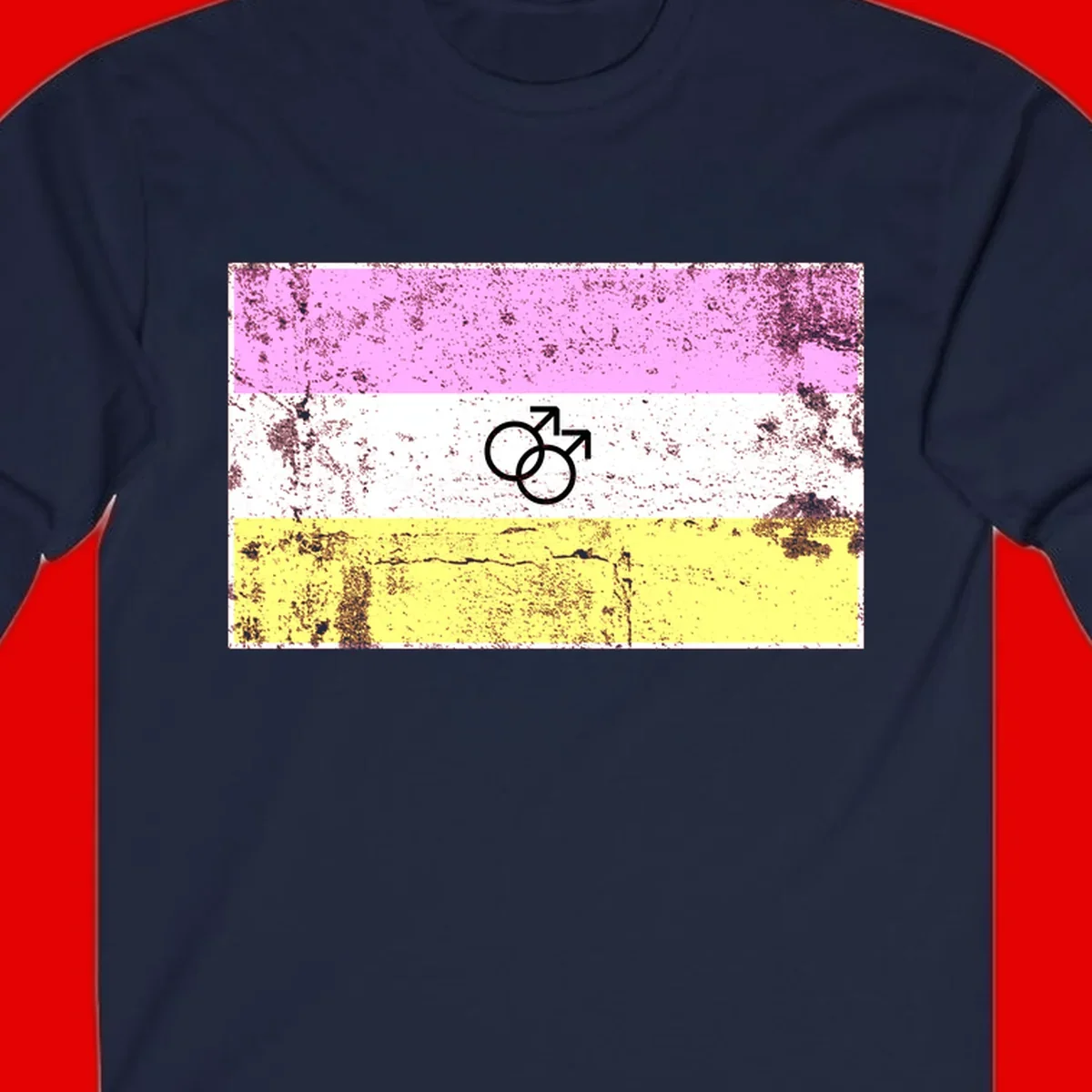 Male pride flag design with interlocking mars symbols on pink, white, and yellow horizontal stripes with distressed texture
