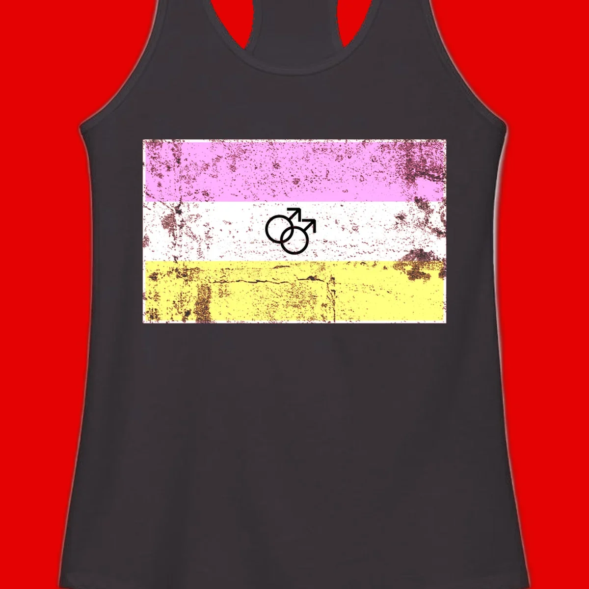 Male pride flag design with interlocking mars symbols on pink, white, and yellow horizontal stripes with distressed texture