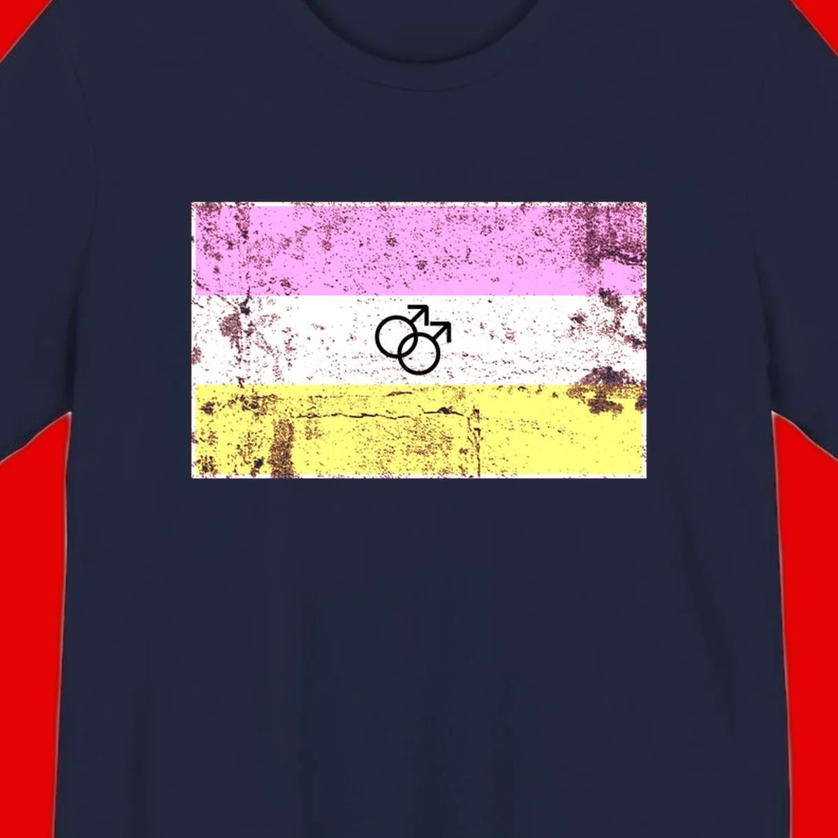 Male pride flag design with interlocking mars symbols on pink, white, and yellow horizontal stripes with distressed texture