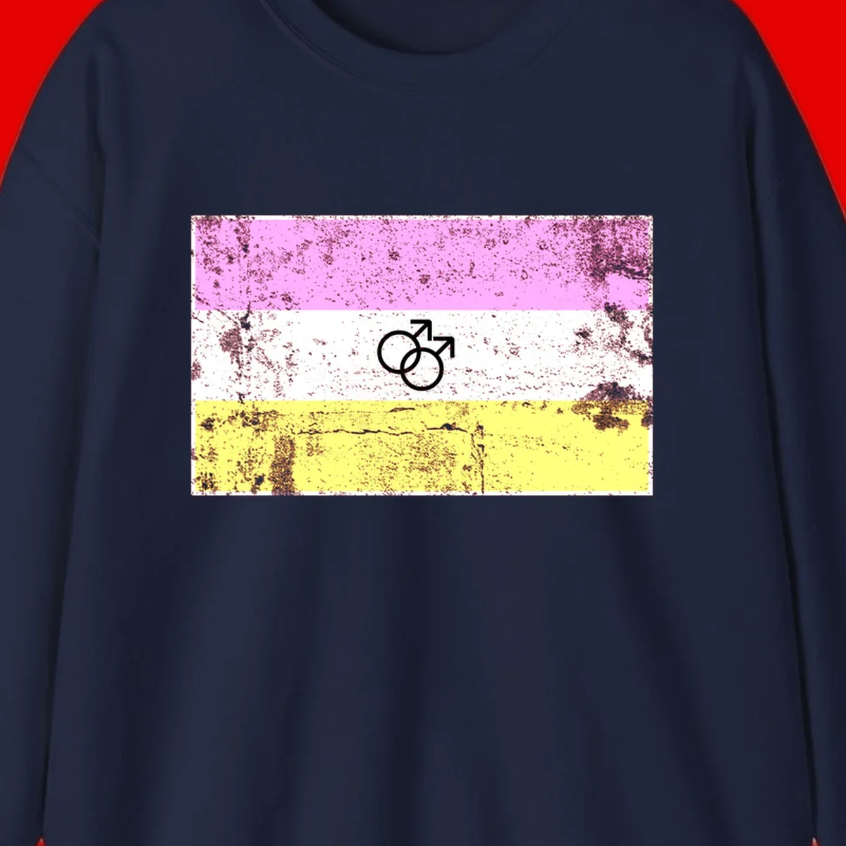 Male pride flag design with interlocking mars symbols on pink, white, and yellow horizontal stripes with distressed texture