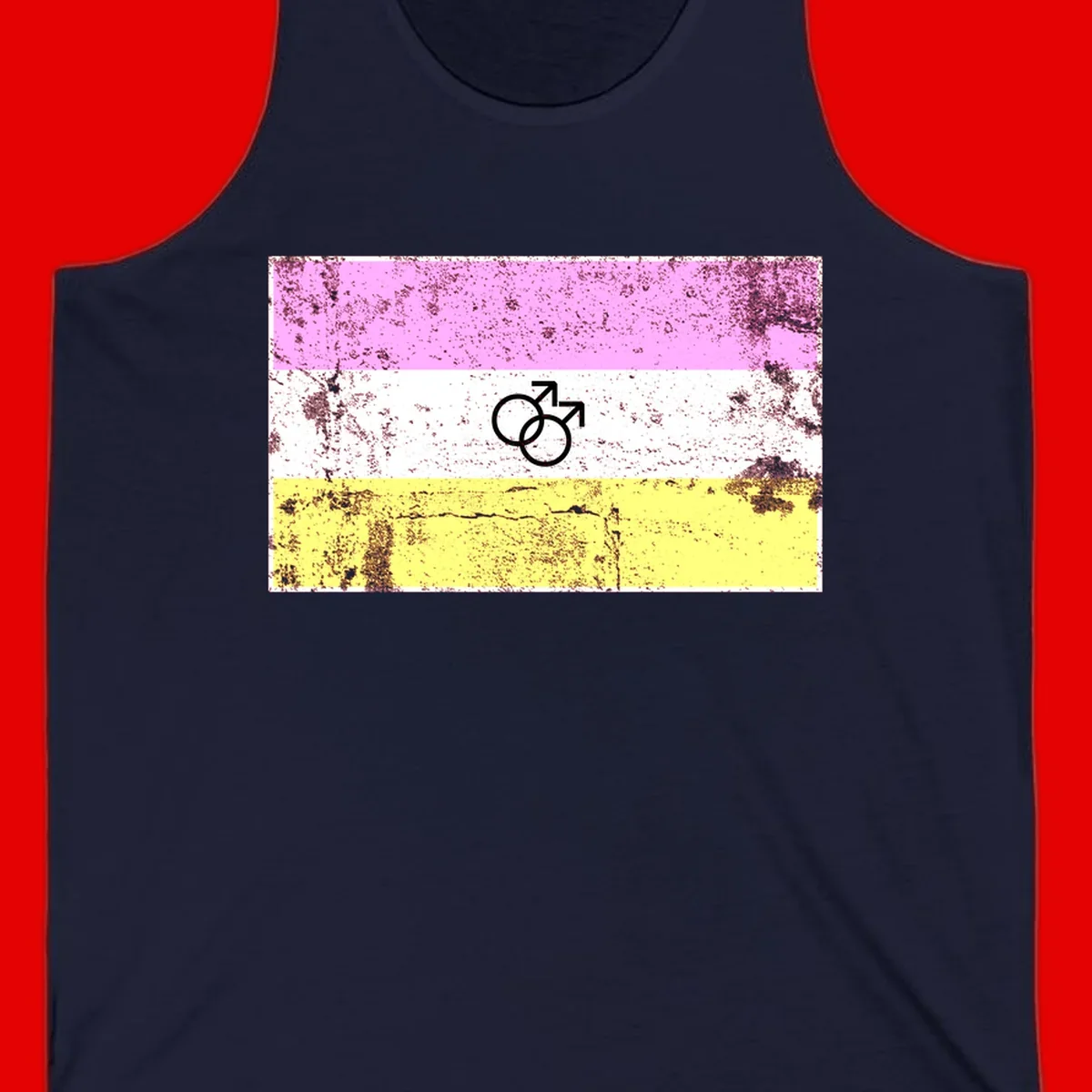 Male pride flag design with interlocking mars symbols on pink, white, and yellow horizontal stripes with distressed texture