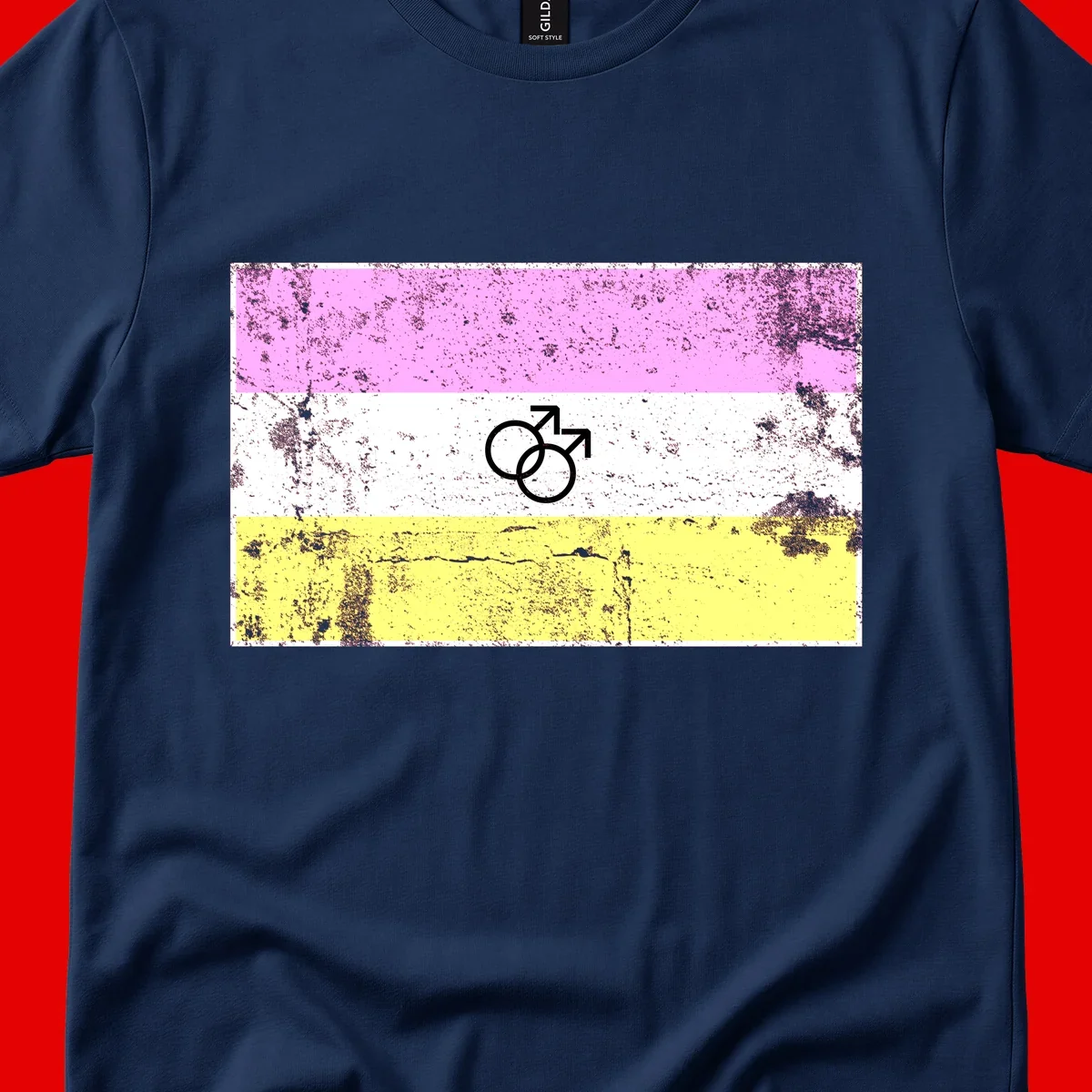 Male pride flag design with interlocking mars symbols on pink, white, and yellow horizontal stripes with distressed texture