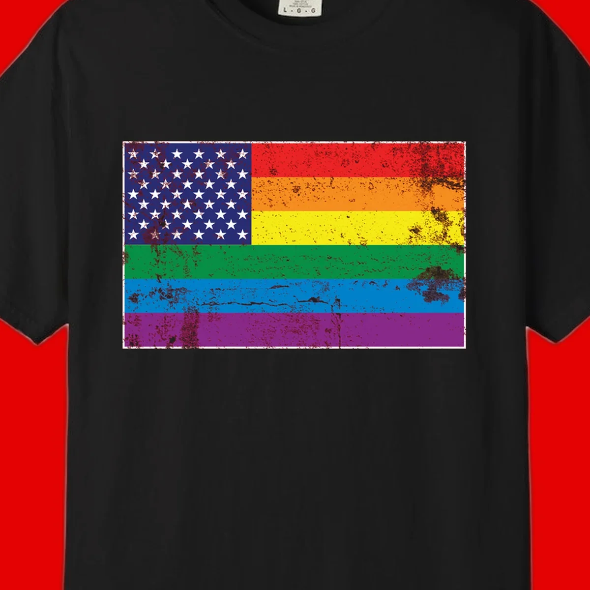 American flag with stars merged with rainbow pride flag stripes in distressed grunge style