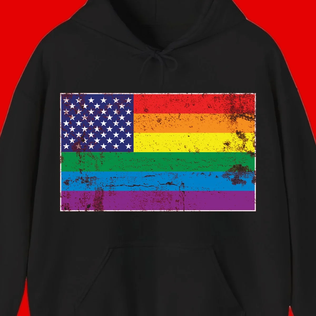 American flag with stars merged with rainbow pride flag stripes in distressed grunge style