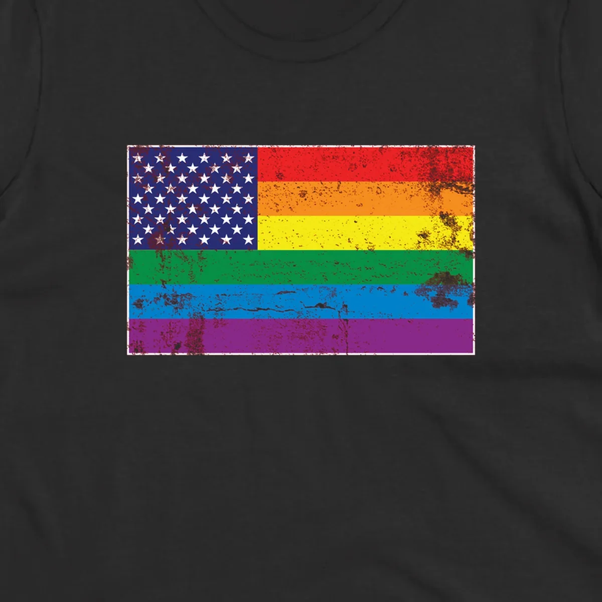 American flag with stars merged with rainbow pride flag stripes in distressed grunge style