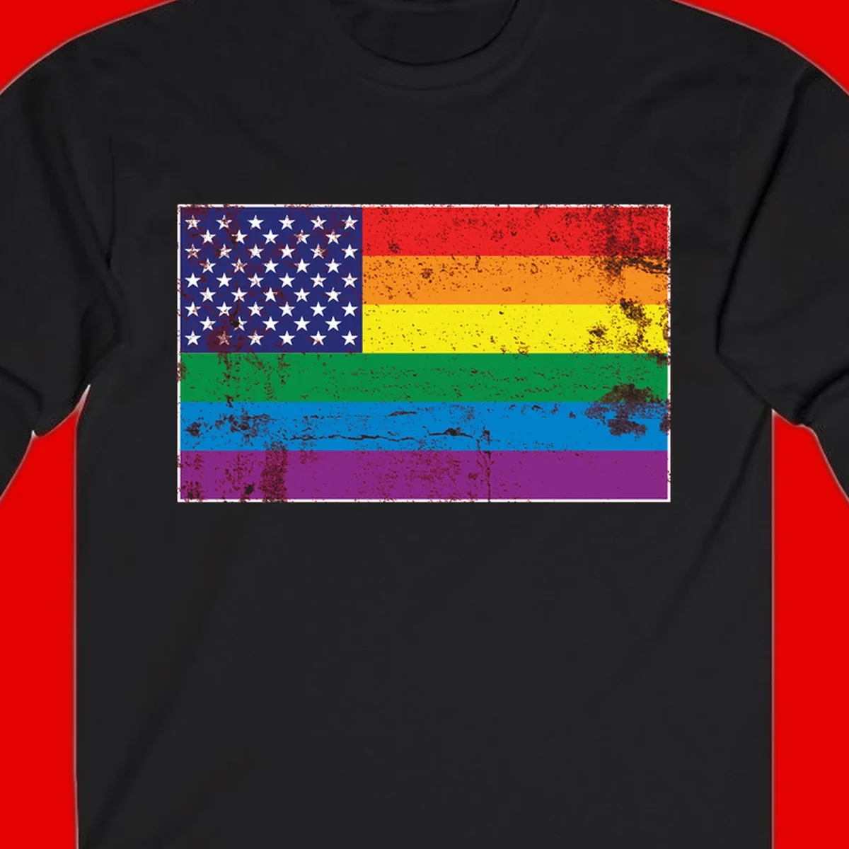 American flag with stars merged with rainbow pride flag stripes in distressed grunge style
