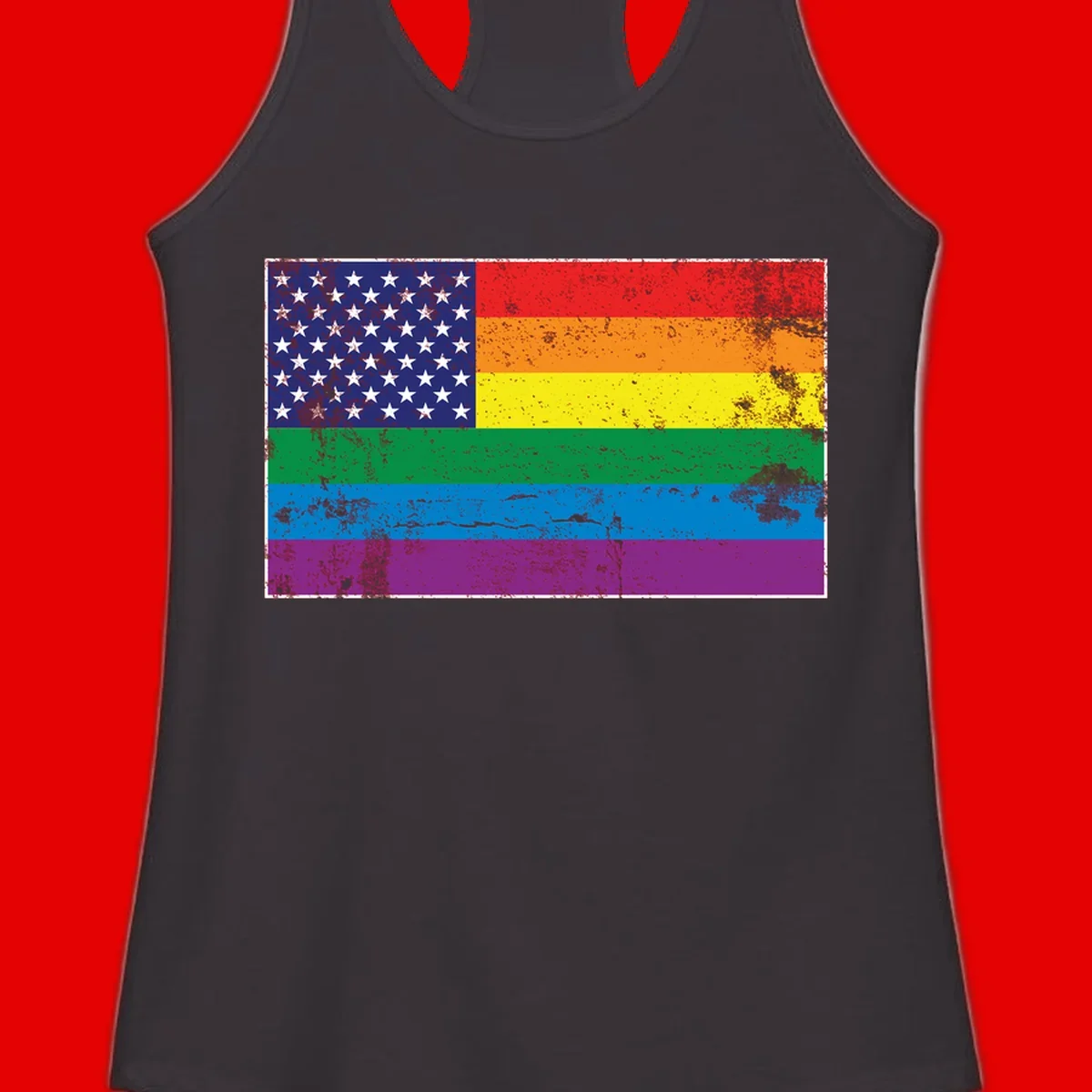 American flag with stars merged with rainbow pride flag stripes in distressed grunge style