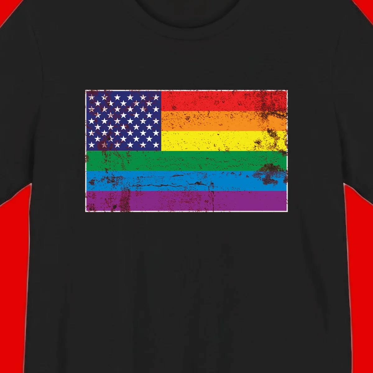 American flag with stars merged with rainbow pride flag stripes in distressed grunge style