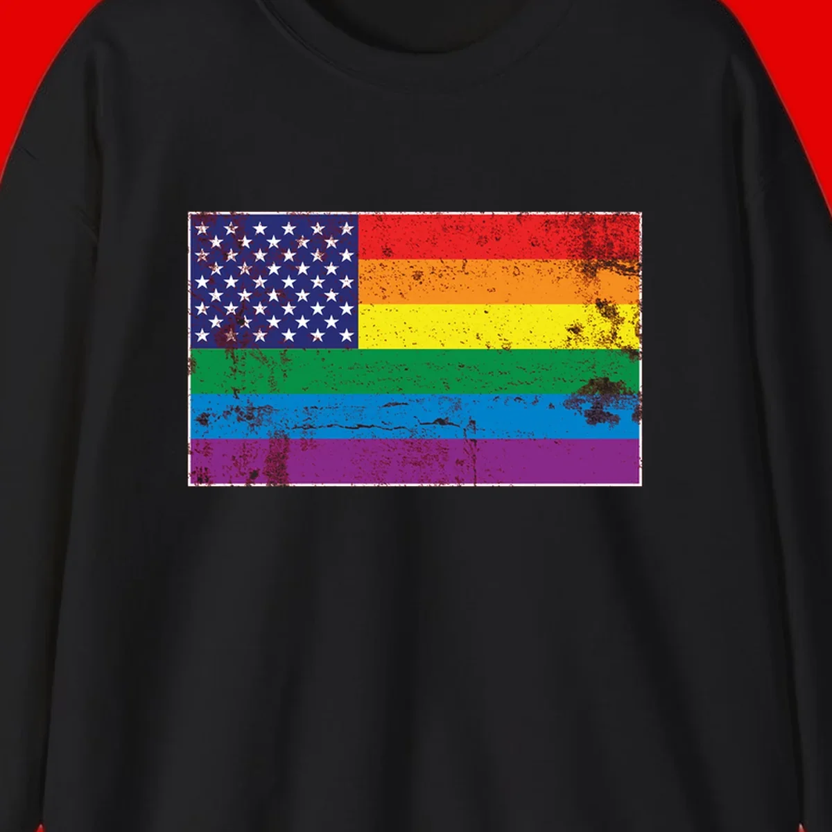 American flag with stars merged with rainbow pride flag stripes in distressed grunge style