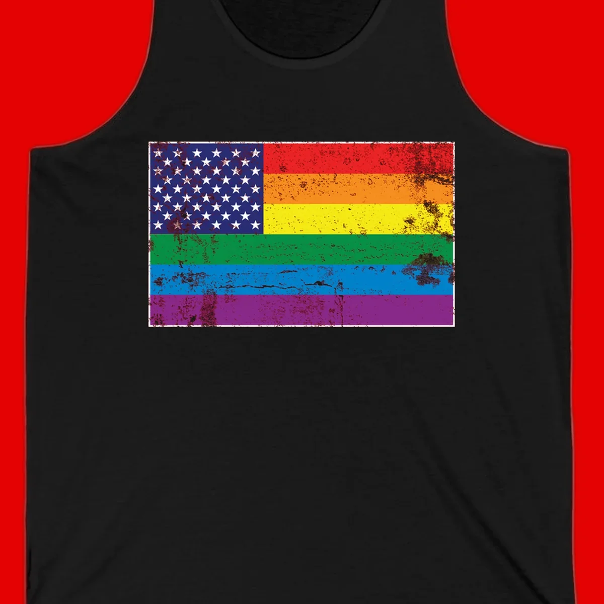 American flag with stars merged with rainbow pride flag stripes in distressed grunge style