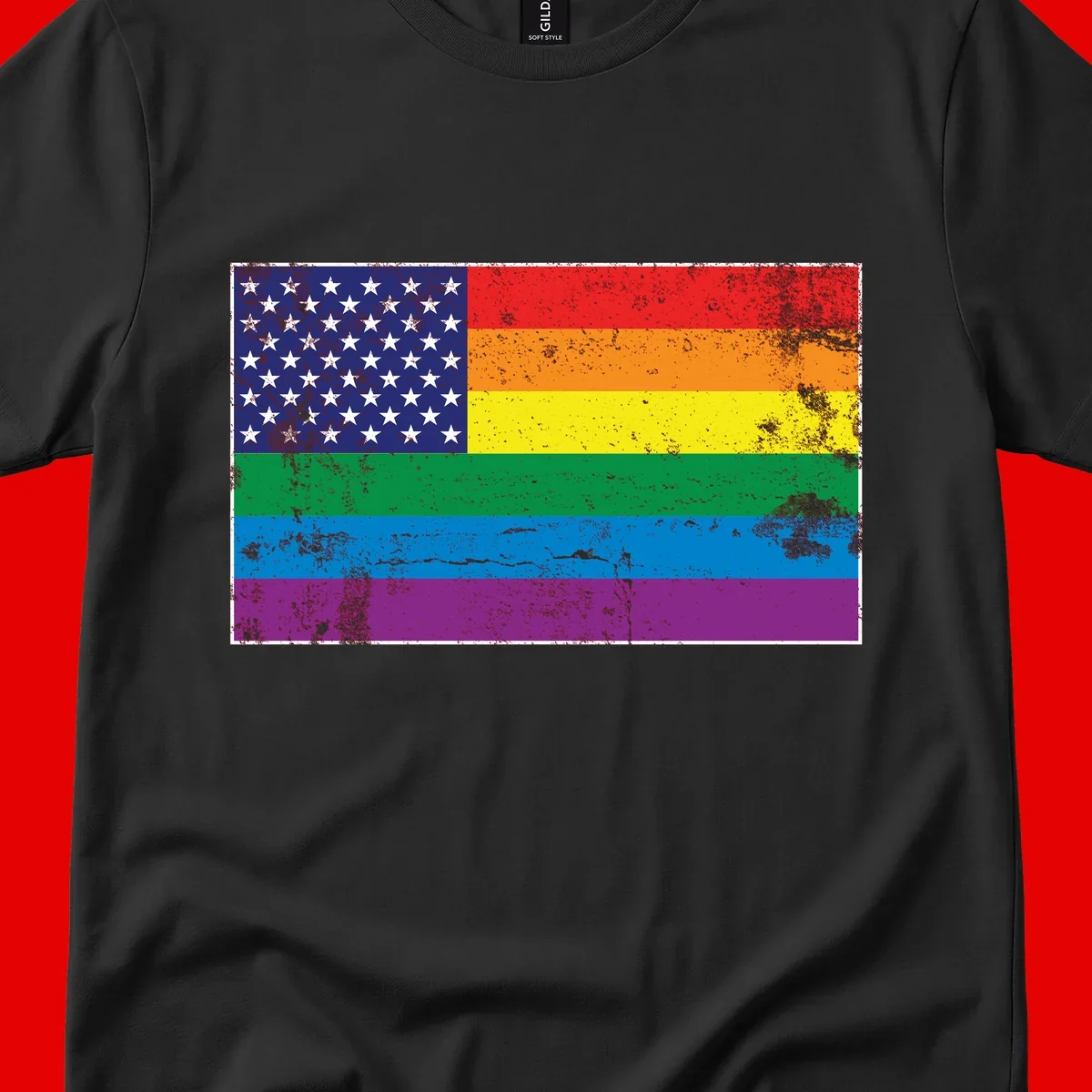 American flag with stars merged with rainbow pride flag stripes in distressed grunge style