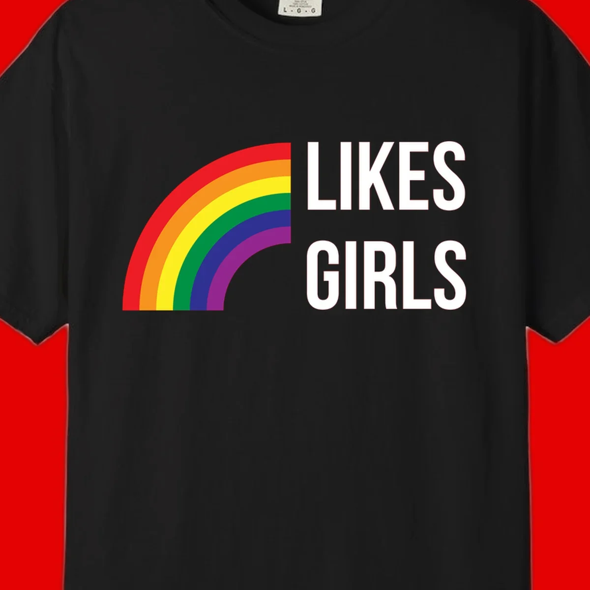 Colorful rainbow arc with 'Likes Girls' text - likes-girls-pride design on gray background