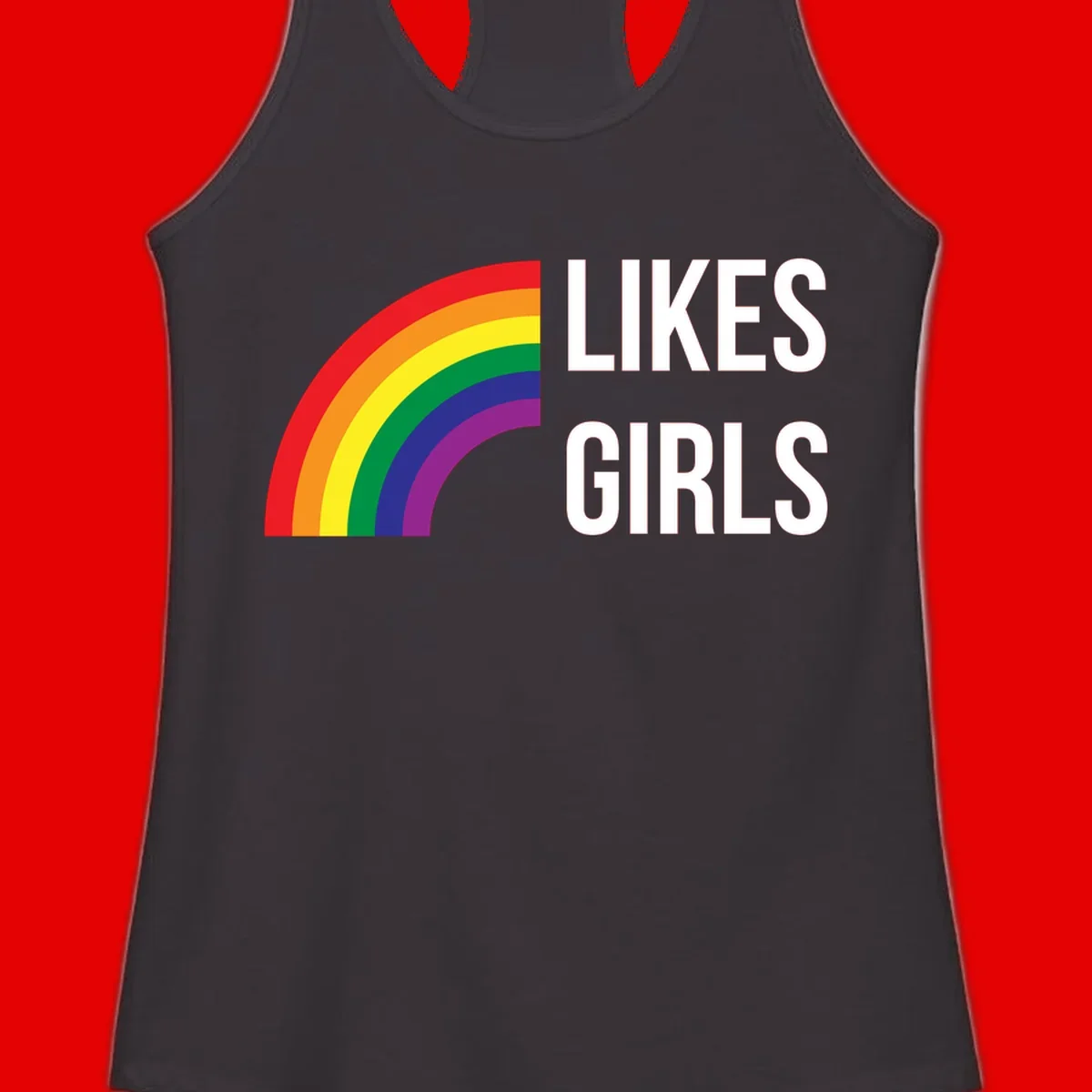 Colorful rainbow arc with 'Likes Girls' text - likes-girls-pride design on gray background