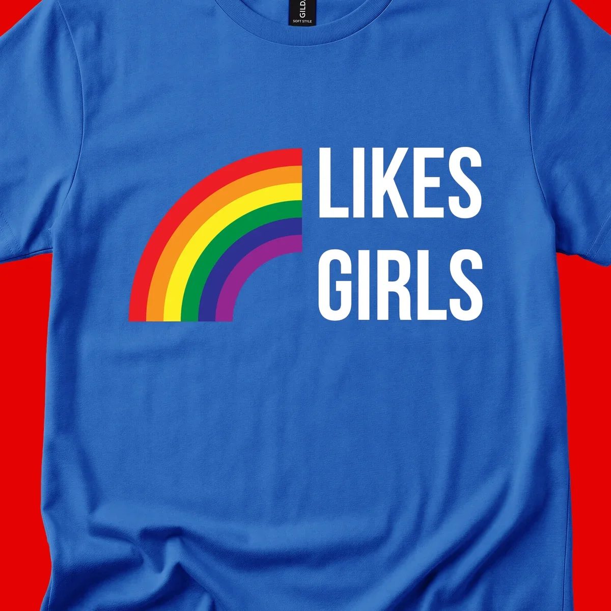 Colorful rainbow arc with 'Likes Girls' text - likes-girls-pride design on gray background