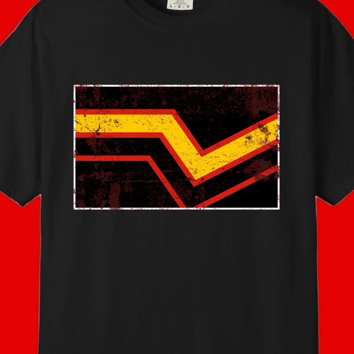 Bold geometric chevron checkmark with red and yellow stripes on distressed black background