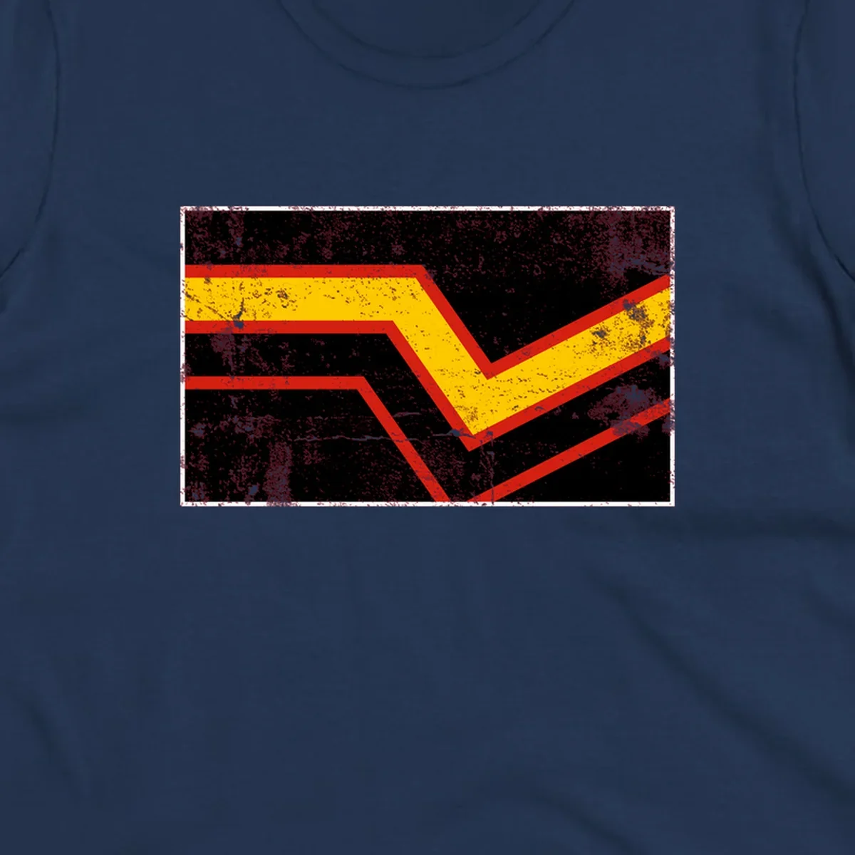 Bold geometric chevron checkmark with red and yellow stripes on distressed black background