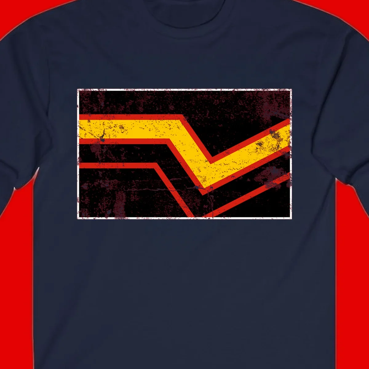Bold geometric chevron checkmark with red and yellow stripes on distressed black background
