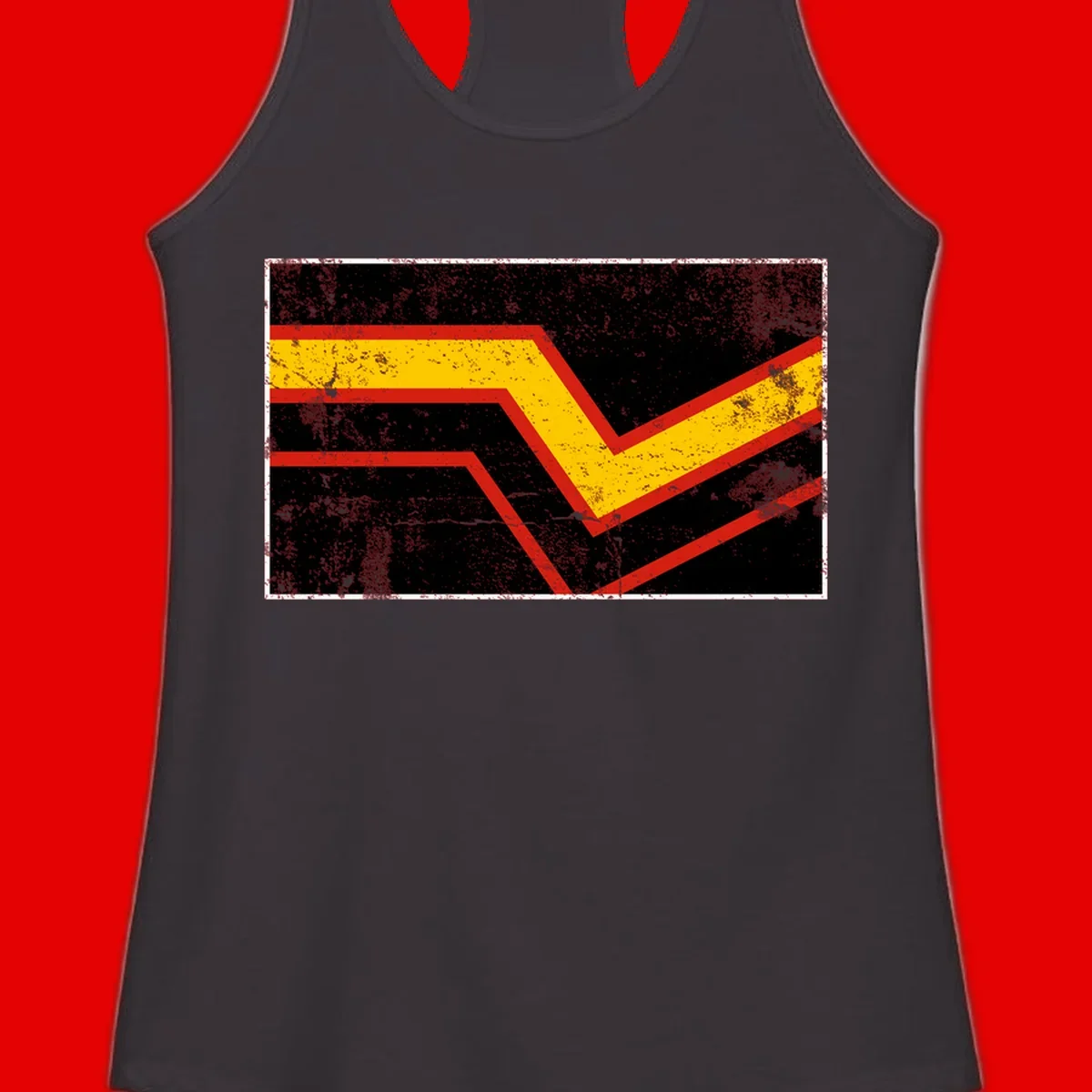 Bold geometric chevron checkmark with red and yellow stripes on distressed black background