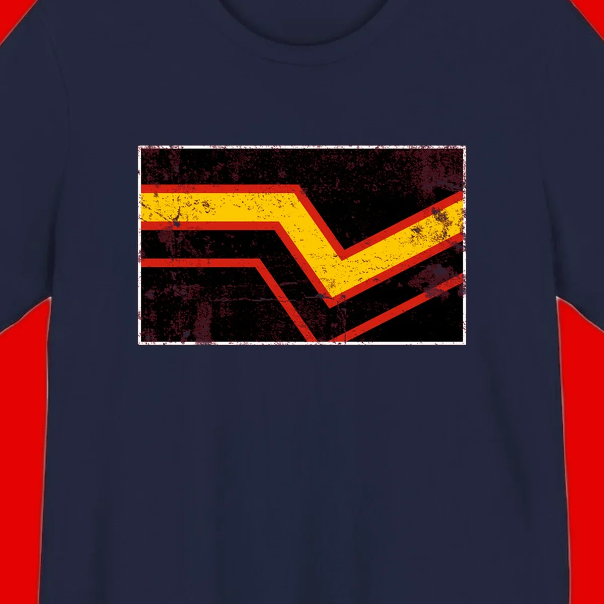 Bold geometric chevron checkmark with red and yellow stripes on distressed black background