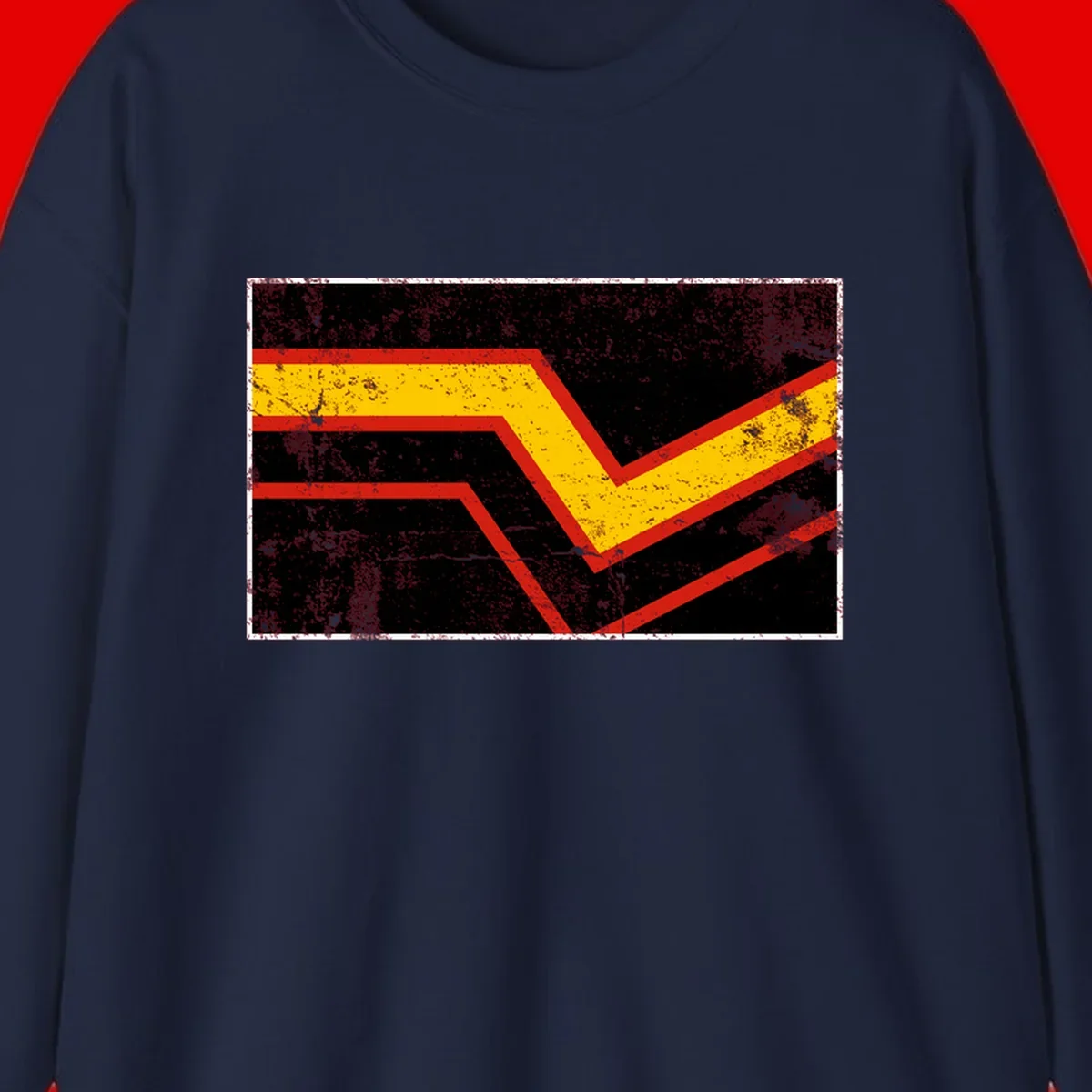 Bold geometric chevron checkmark with red and yellow stripes on distressed black background