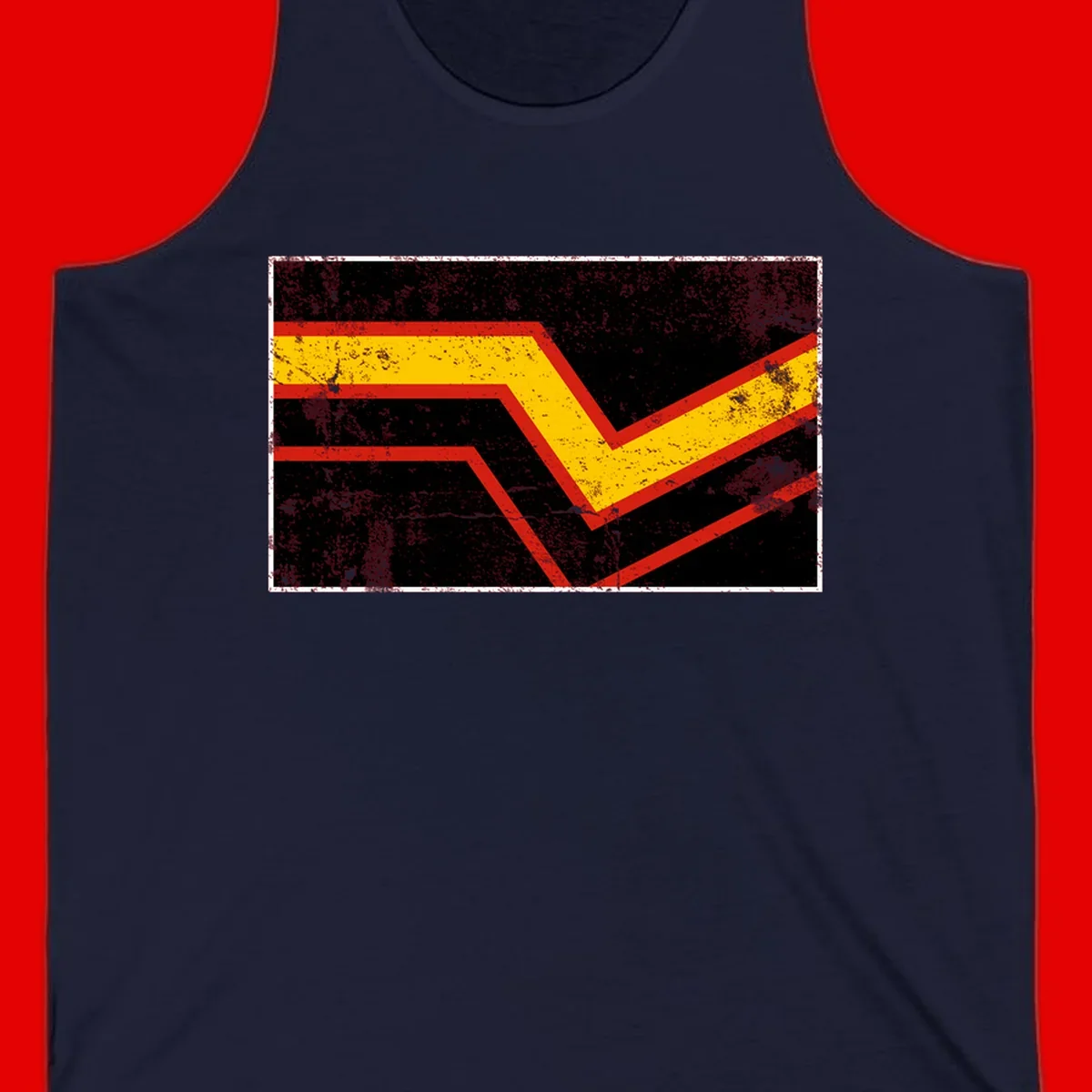 Bold geometric chevron checkmark with red and yellow stripes on distressed black background
