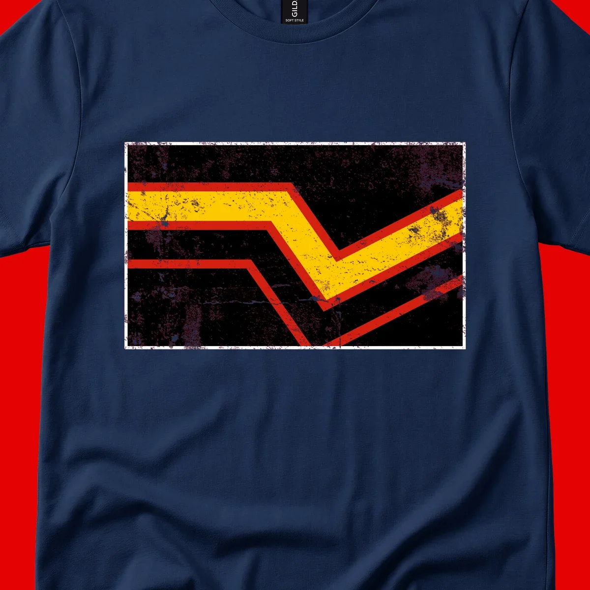 Bold geometric chevron checkmark with red and yellow stripes on distressed black background